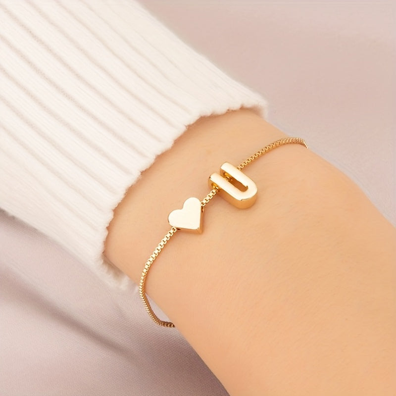 Liora | Women's minimalist heart bracelet with letter beads | Gold