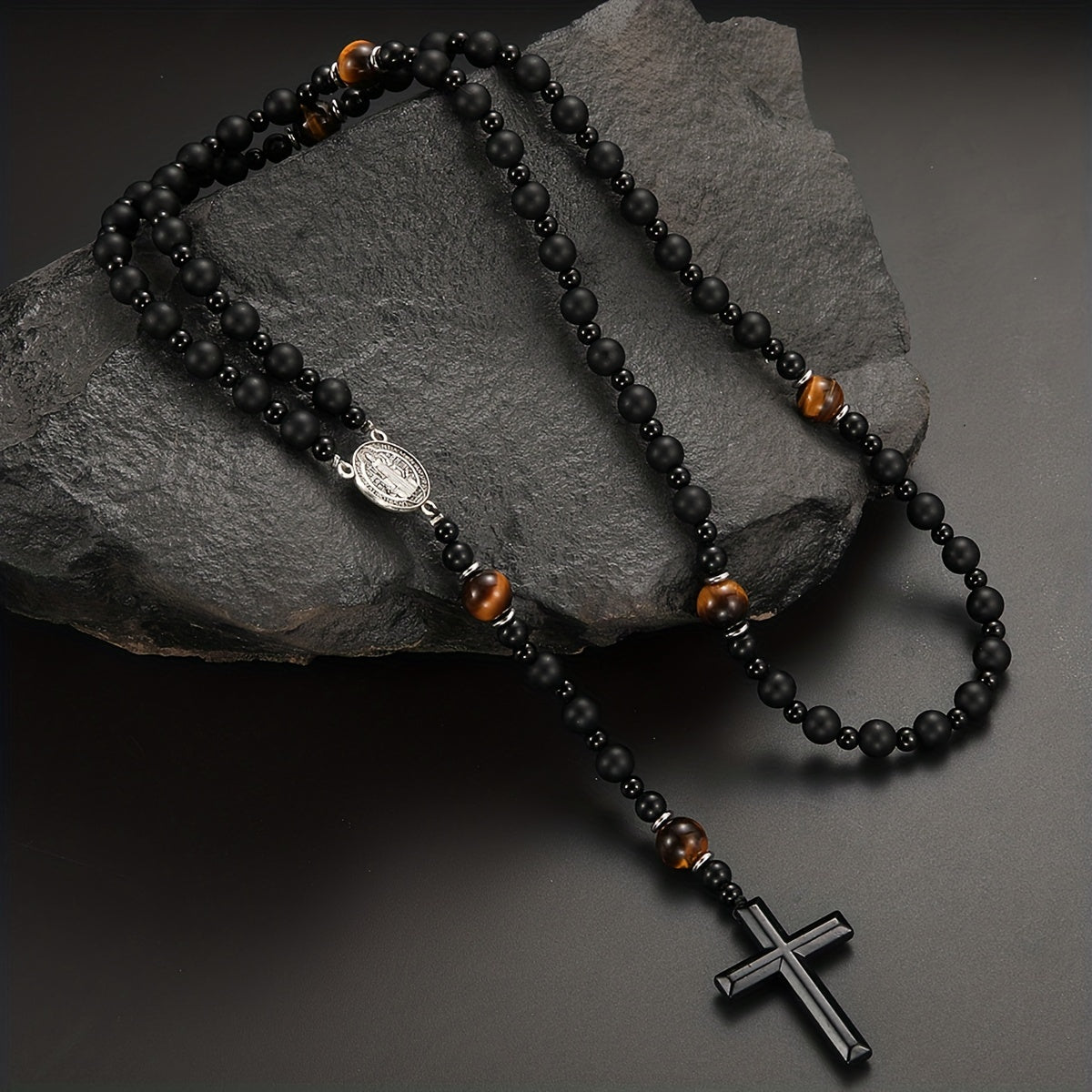 Dravon | Unisex Spiritual Bead Necklace with Cross | Black