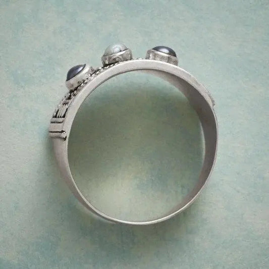 Geometric Ring with Carved Pearl and Three Stones