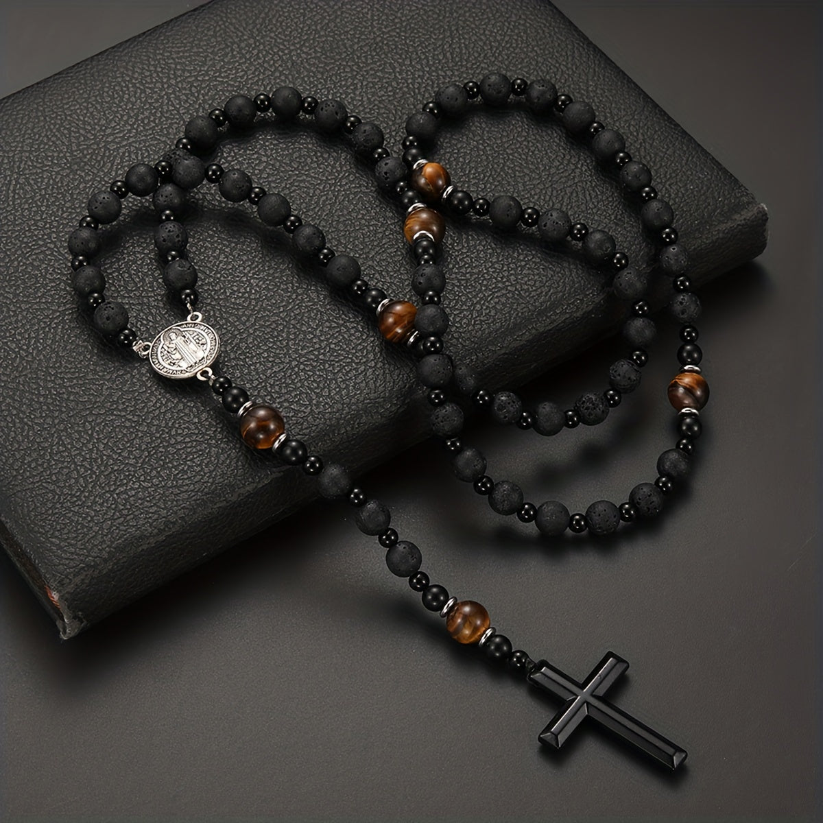 Dravon | Unisex Spiritual Bead Necklace with Cross | Black