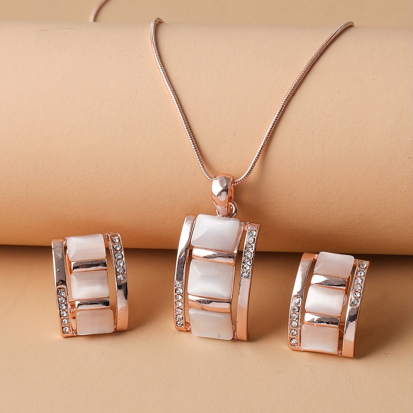 Roseliah | Women's elegant jewelry set with opal and rhinestones | Rose gold & White