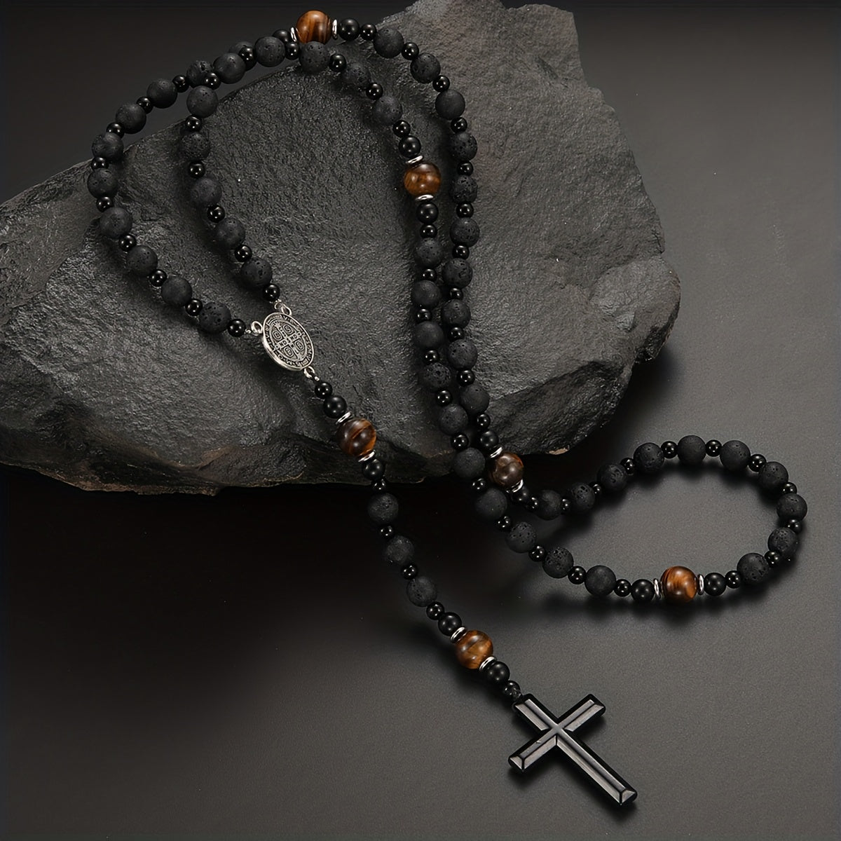 Dravon | Unisex Spiritual Bead Necklace with Cross | Black