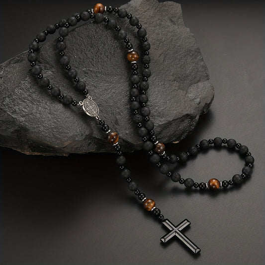 Dravon | Unisex Spiritual Bead Necklace with Cross | Black