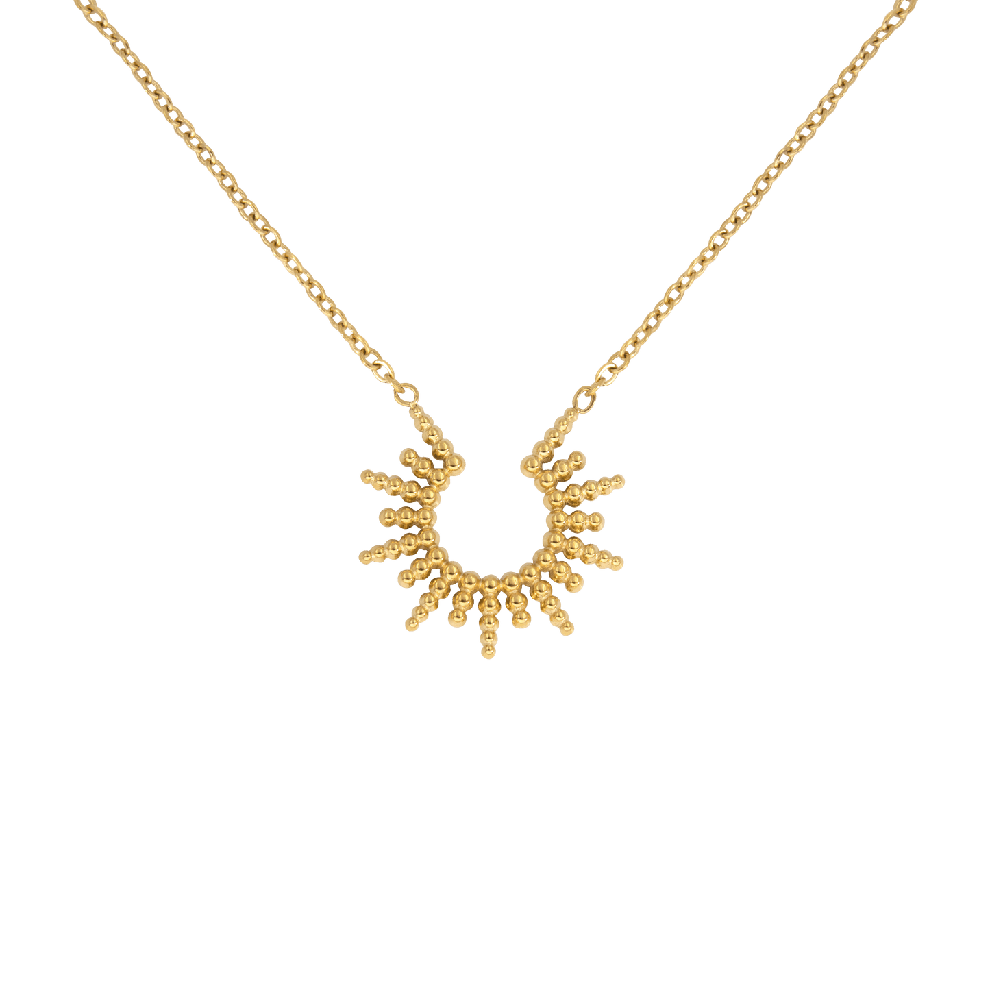 Minimalistische gouden Feel Grace ketting met een uniek zonvormig ontwerp. Deze verfijnde ketting straalt elegantie uit en is perfect als statement sieraad of in combinatie met andere kettingen. Een tijdloos accessoire voor elke gelegenheid.