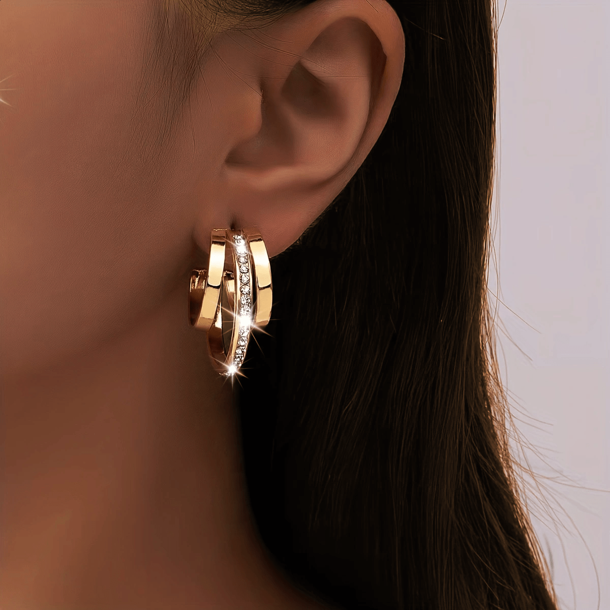 Caliora | Women's Elegant Layered Earrings with Rhinestones | Gold