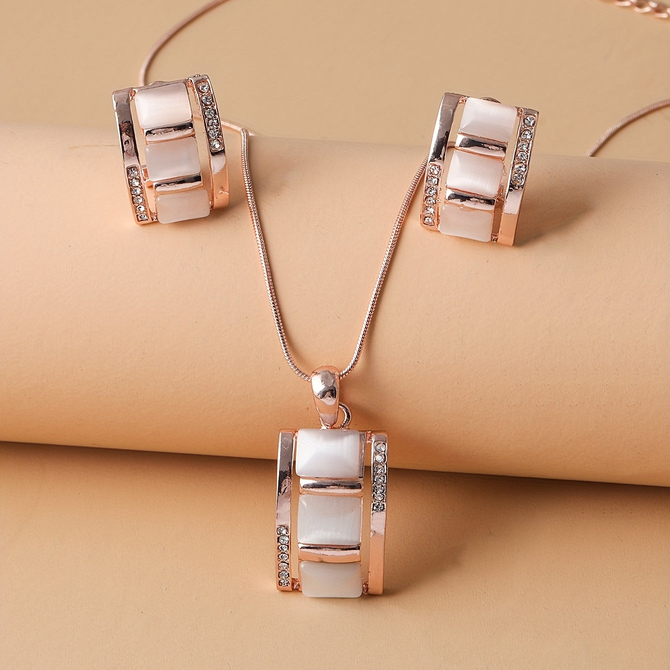 Roseliah | Women's elegant jewelry set with opal and rhinestones | Rose gold & White