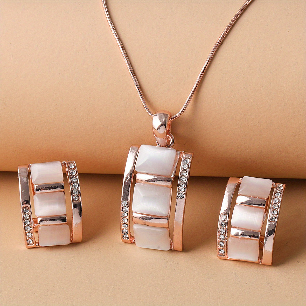 Roseliah | Women's elegant jewelry set with opal and rhinestones | Rose gold & White